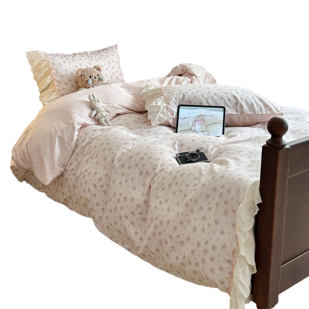 Floral Cotton Blend Duvet Cover Set with Lace Ruffle and Pillow Shams