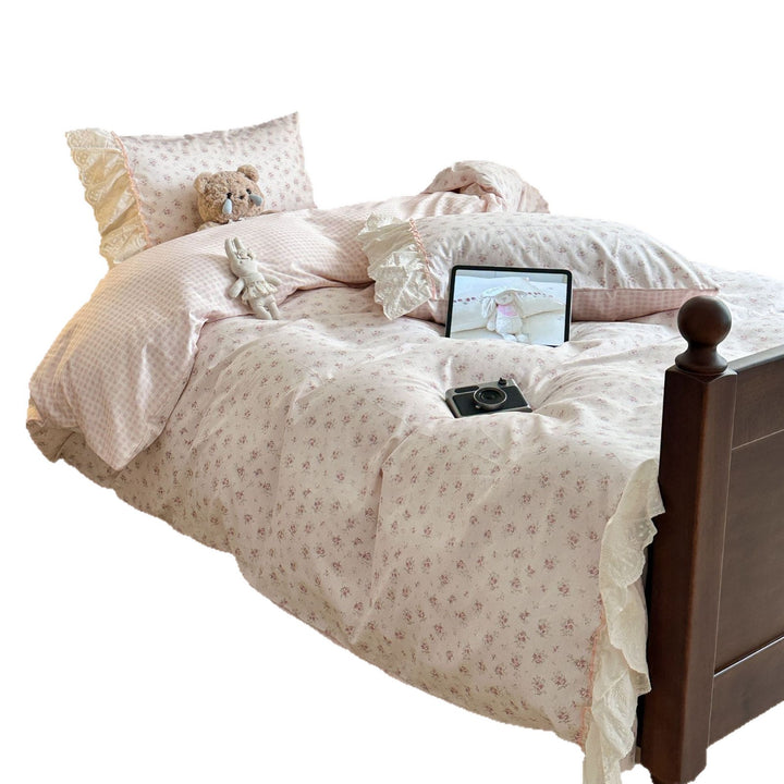 Floral Cotton Blend Duvet Cover Set with Lace Ruffle and Pillow Shams