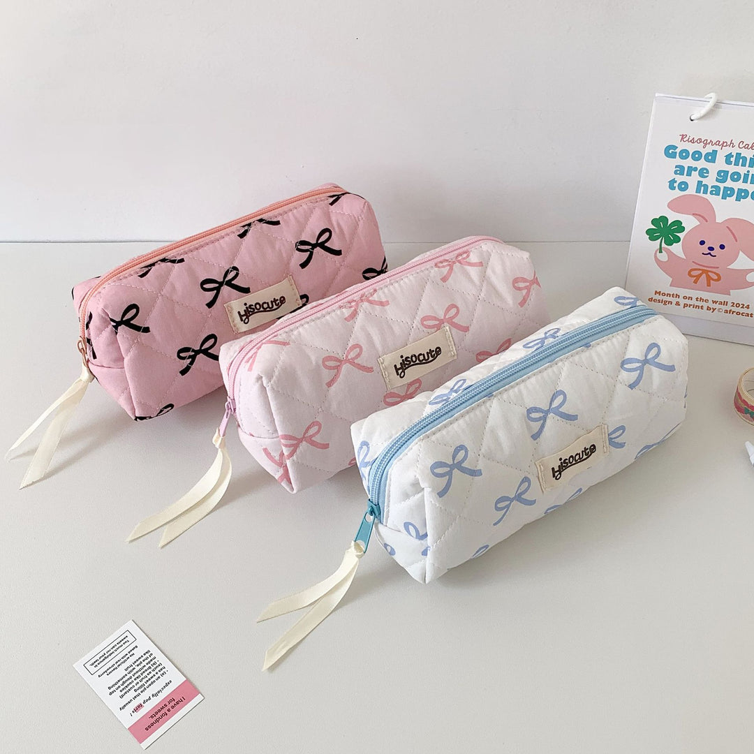 Quilted Bow-Embellished Pencil Case