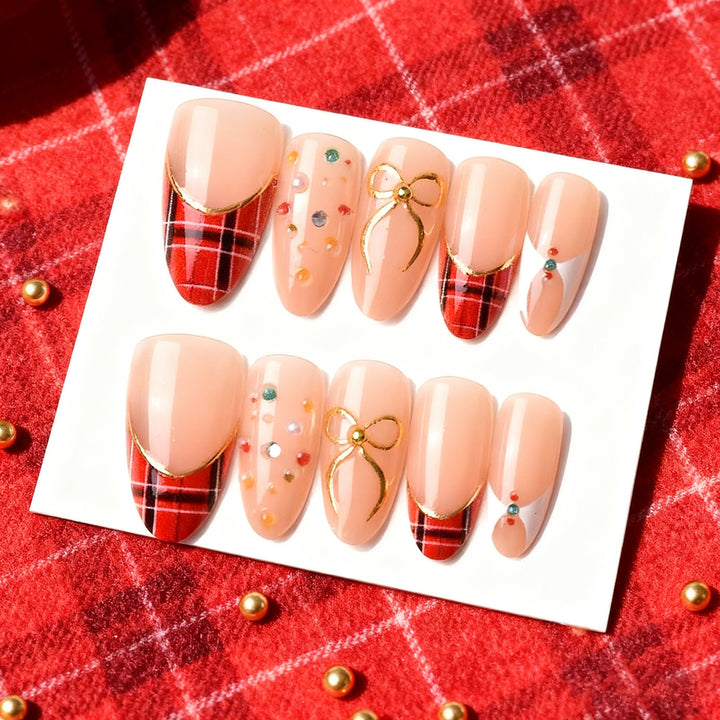 Festive Themed Press-On Nail Art Set with Plaid Design and Gem Accents Stornfield