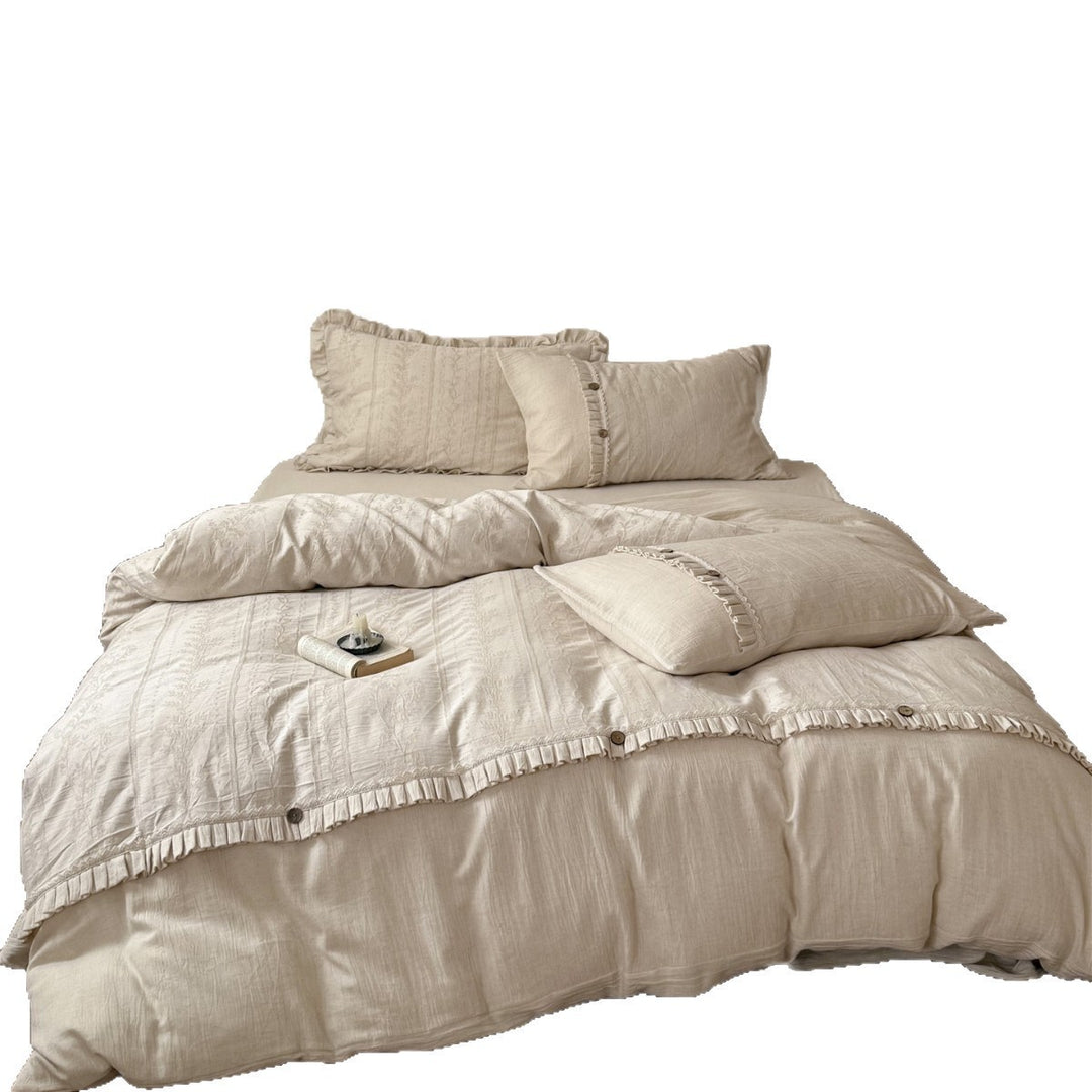 Vintage Floral Linen-Blend Duvet Cover Set with Frilled Trim and Wooden Button Closure