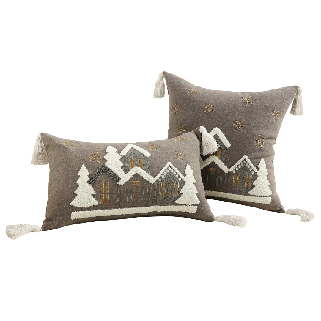 Festive Embroidered Snowy Village Tassel Throw Pillow Set