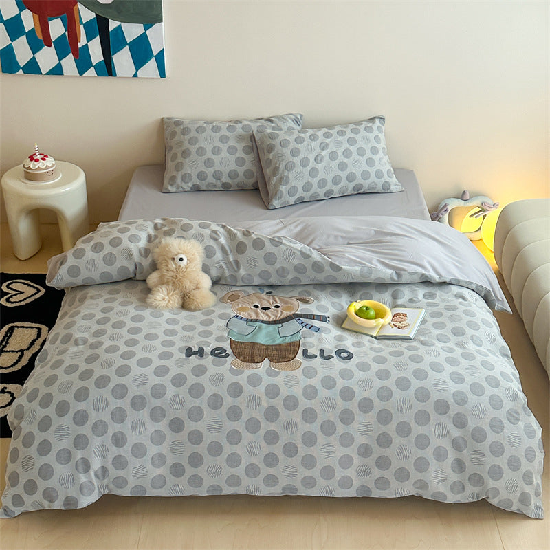 Cotton bed linen set with bunny appliqué and subtle dot jacquard