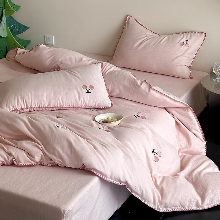 Cherry Embroidered Cotton-Linen Duvet Cover Bedding Set with Decorative Pillow Shams
