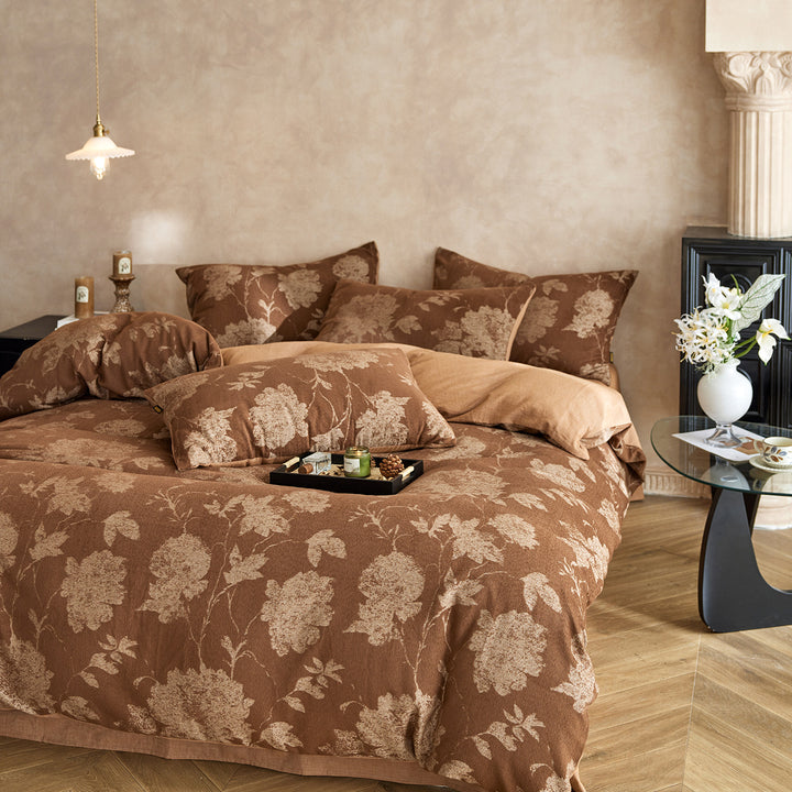 Floral Jacquard Cotton-Linen Duvet Cover Set with Reversible Sateen Back