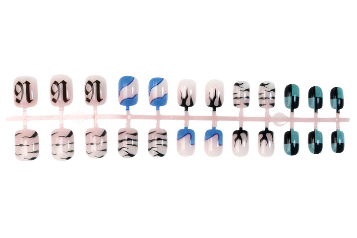 Nail set with modern graphic designs and shimmering accents Stornfield