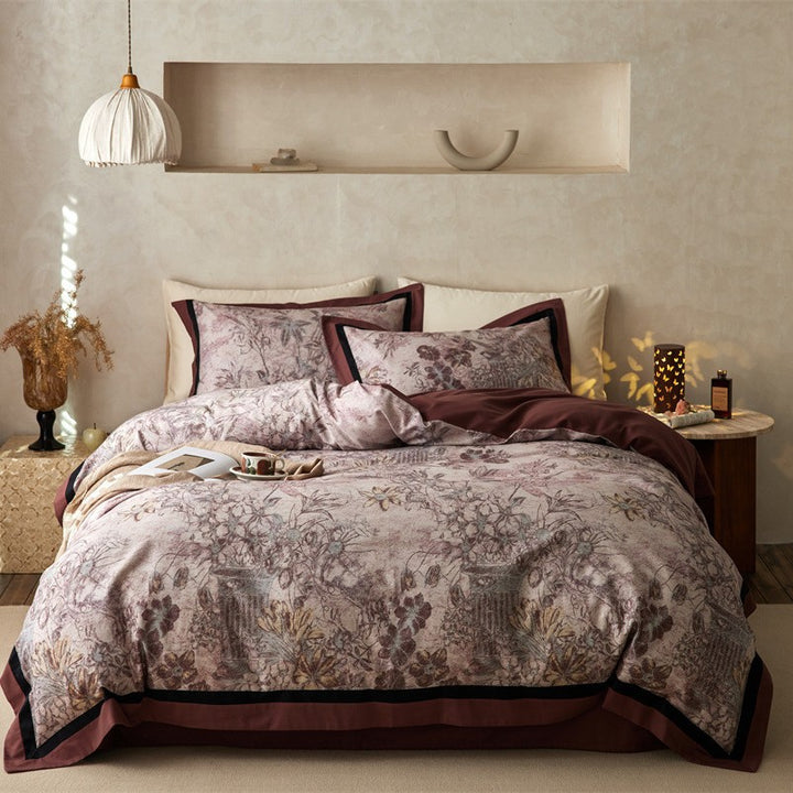 Botanical Vintage-Print Cotton Sateen Duvet Cover Set with Contrast Hem and Reversible Lining