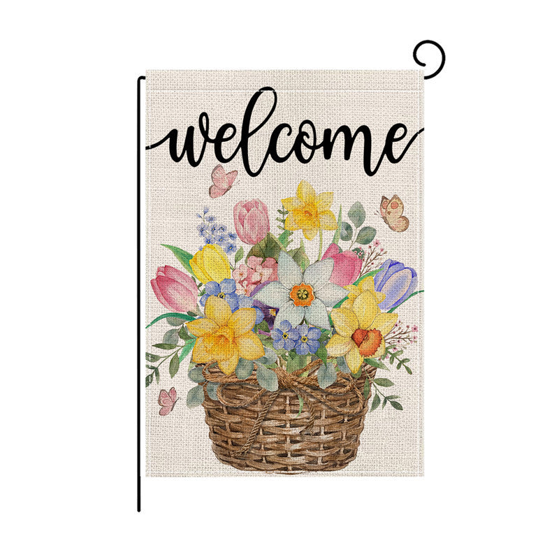 Decorative Burlap-Texture Welcome Garden Banner Flag with Sunflower Bouquet Mason Jar Artwork