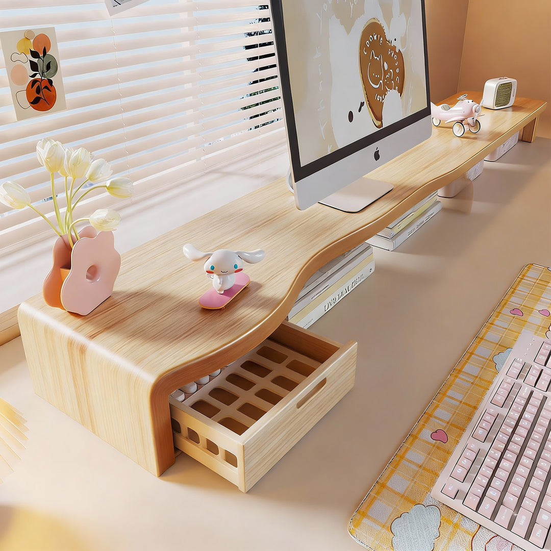 Solid Wood Elevated Desk Display Stand with Under-Shelf Storage and Sculpted Legs