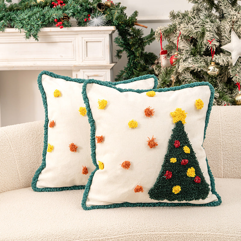 Christmas Lumbar Decorative Throw Pillow Set with Tufted Holiday Ornament and Pom Accent