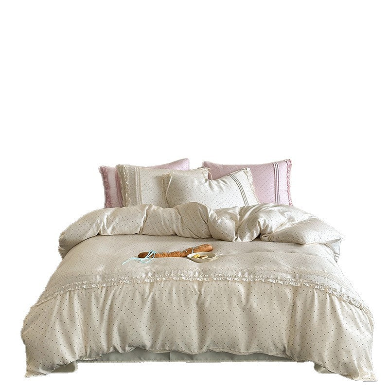 Polka Dot Cotton Sateen Duvet Cover Ensemble with Ruffled Pillow Shams