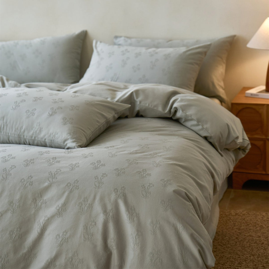 Floral Jacquard-Texture Cotton Sateen Duvet Cover Set with Pillow Shams