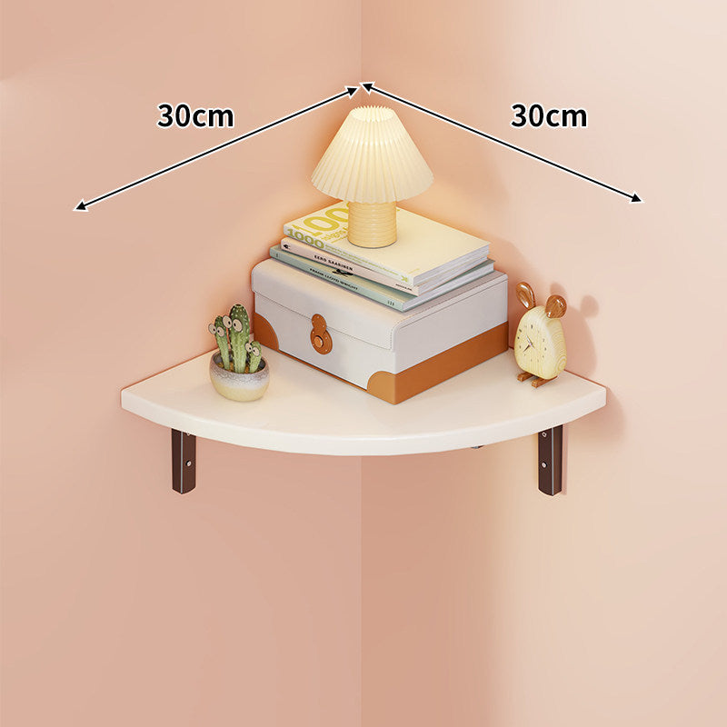 Corner Wall-Mounted Floating Shelf with Rounded Triangular Solid Wood Top and Metal Support Brackets