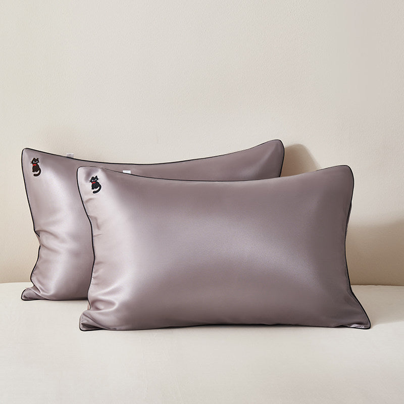 Silky Satin Pillowcase Pair with Contrasting Piping and Corner Cat Embroidery