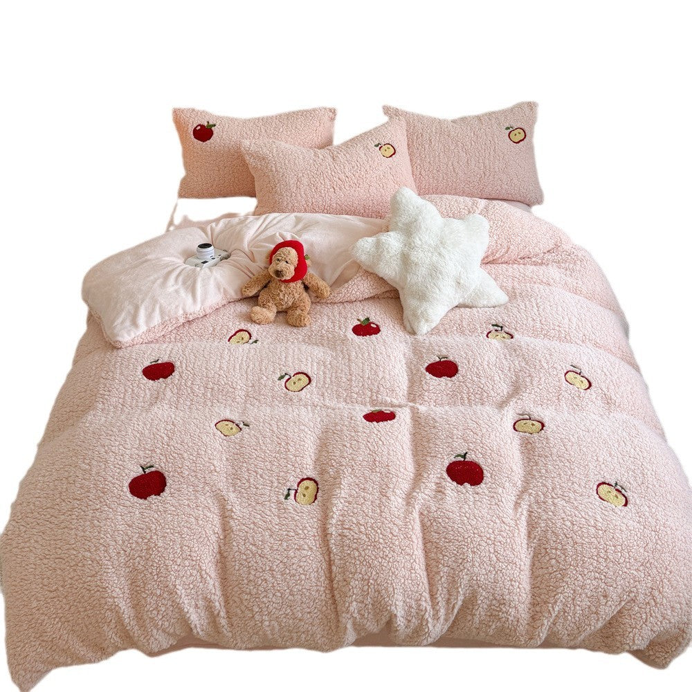Plush quilt set with rabbit embroidery and Sherpa surface