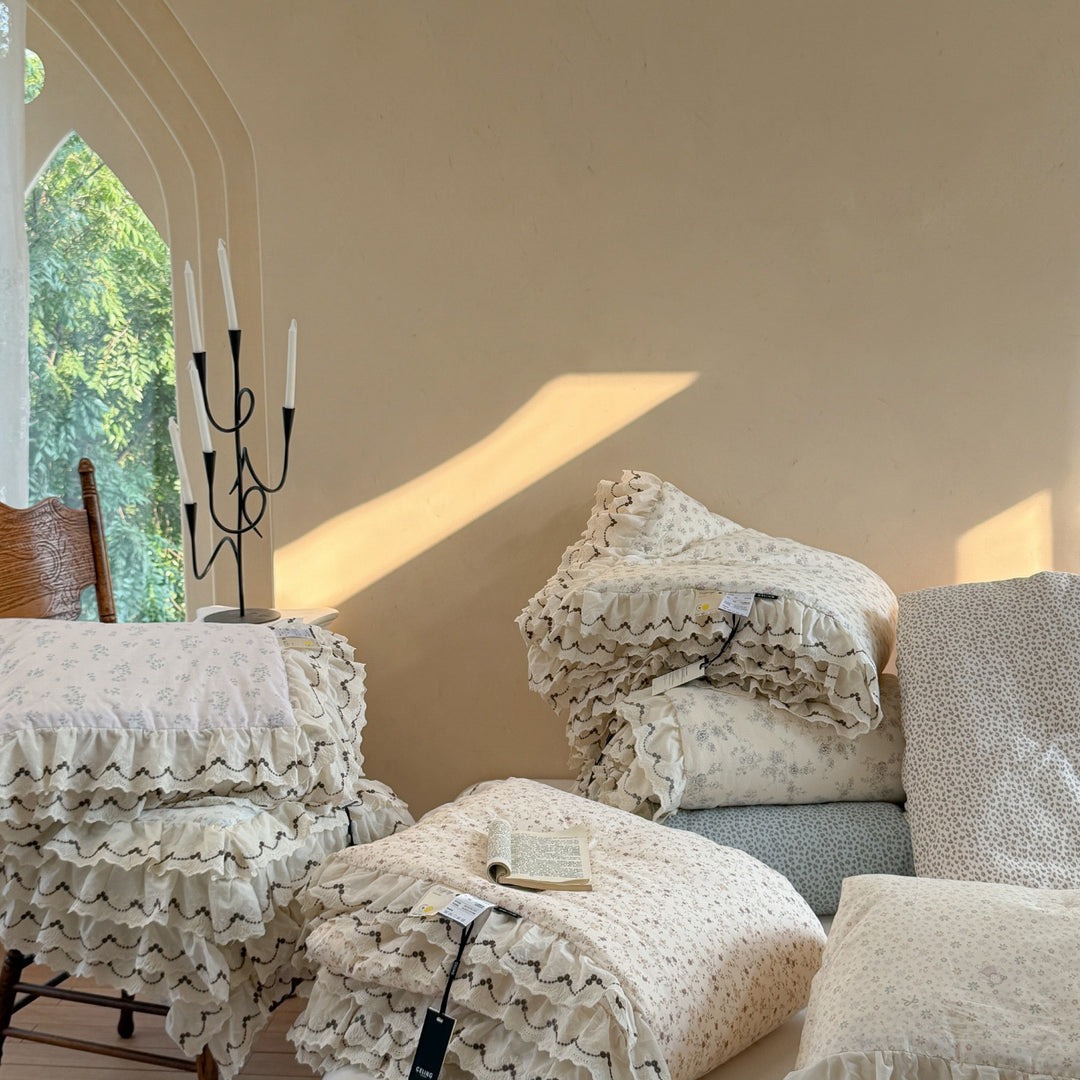 Quilted Cotton Duvet Cover Set with Ruffled Lace-Trim Pillow Shams