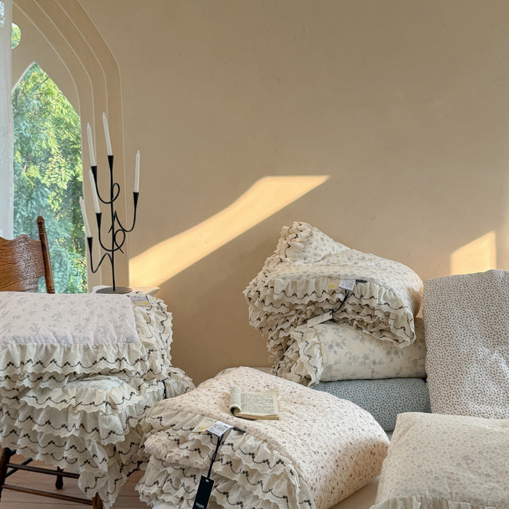 Quilted Cotton Duvet Cover Set with Ruffled Lace-Trim Pillow Shams