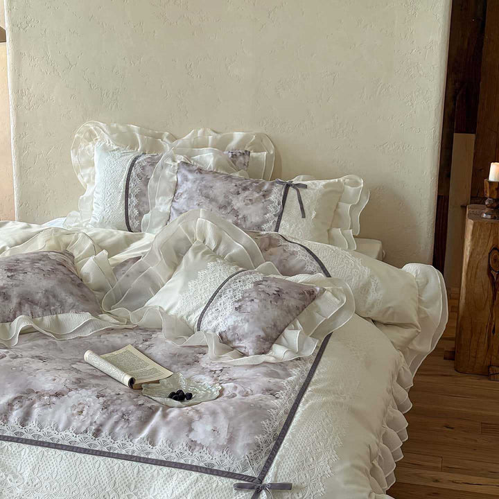 luxurious romantic bedding set with lace trim and ruffles