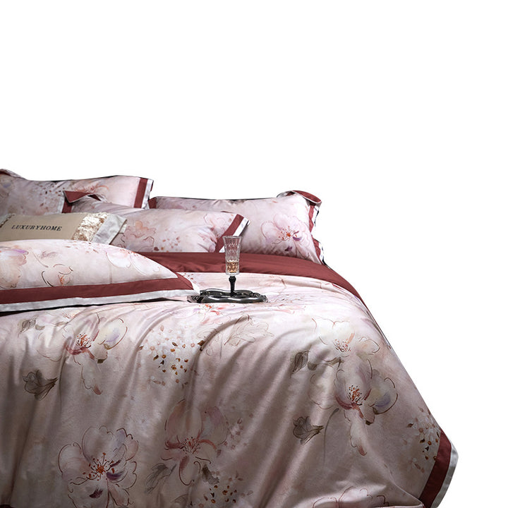 Fine woven satin bedding set with watercolor floral print, satin edge & hotel closure