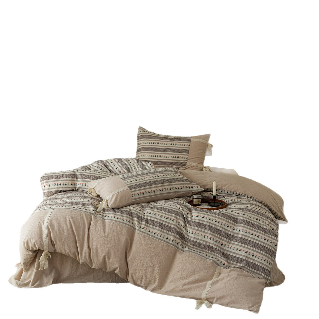 Linen-Cotton Duvet Cover Set with Tie Closures and Micro Floral Stripe