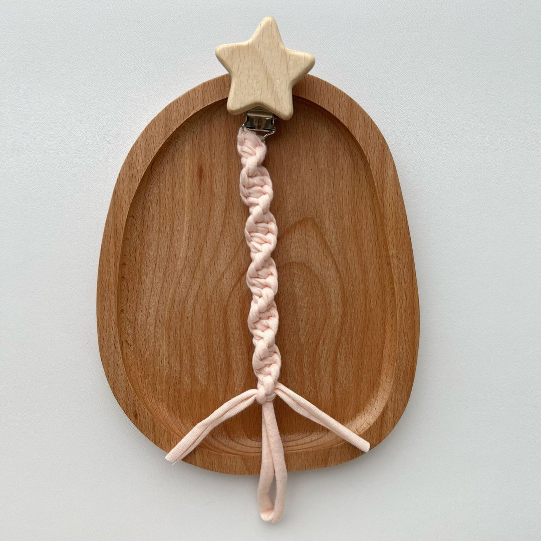 Wooden Star Pacifier Clip with Braided Cotton Strap