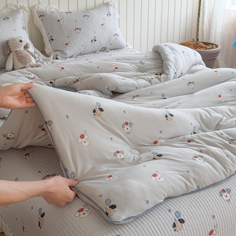 Quilted Cotton-Blend Light Comforter with Botanical Micro-Print and Contrast Piped Edge