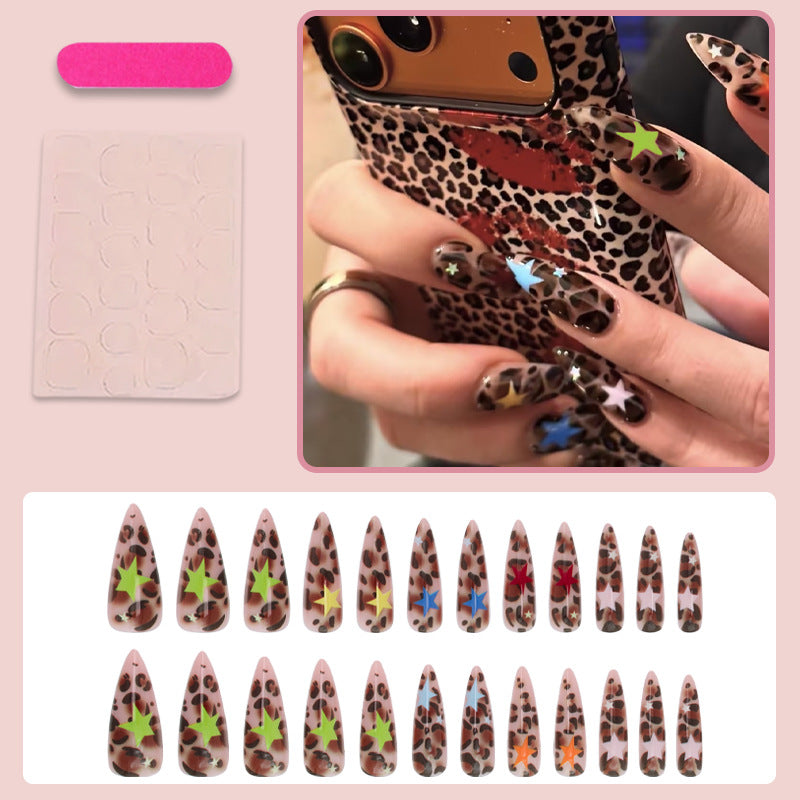 Acrylic nail set with animal pattern and colorful star accents Stornfield