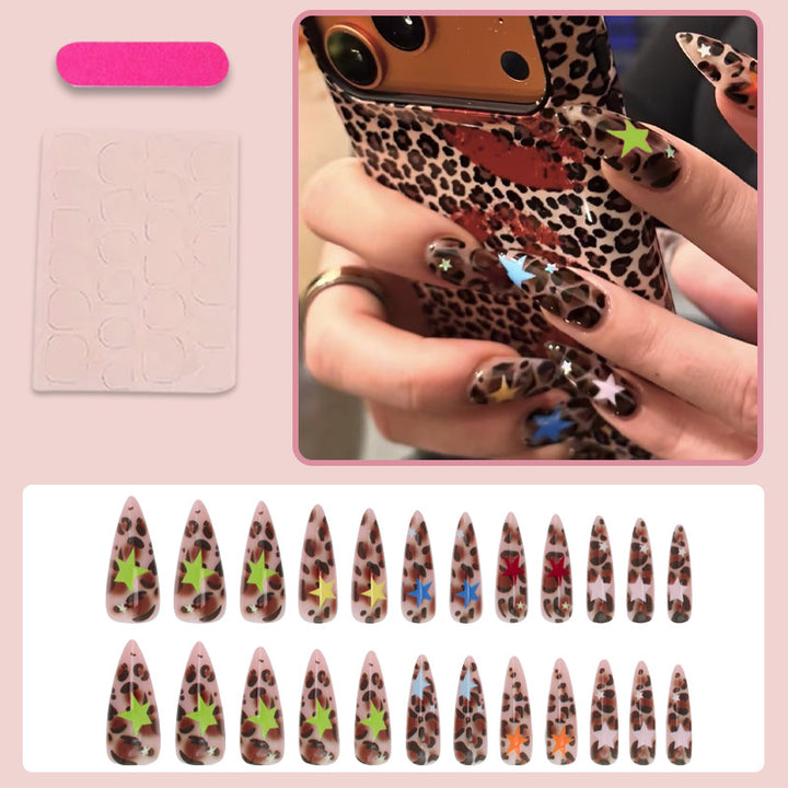 Acrylic nail set with animal pattern and colorful star accents Stornfield