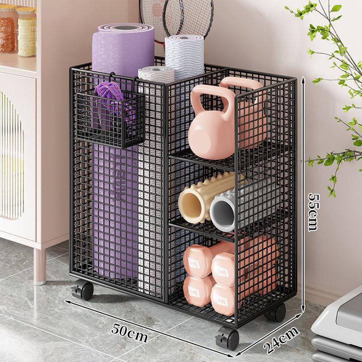 Mobile Wire Grid Home Gym Storage Tower with Multi-Compartment Shelves and Swivel Casters