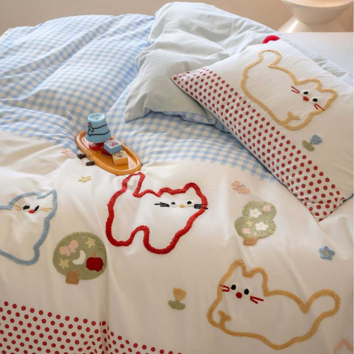 Children's Reversible Cotton Duvet Cover Set with Playful Elephant Print and Mixed Floral-Stripe Patchwork