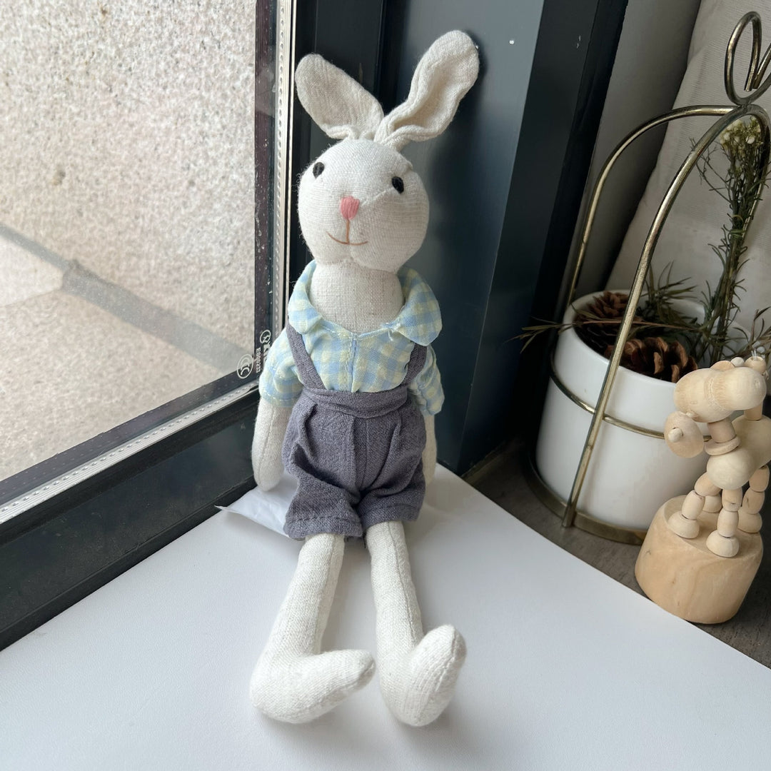 Handcrafted Organic Cotton Bunny Doll with Linen Jacket and Plaid Shorts