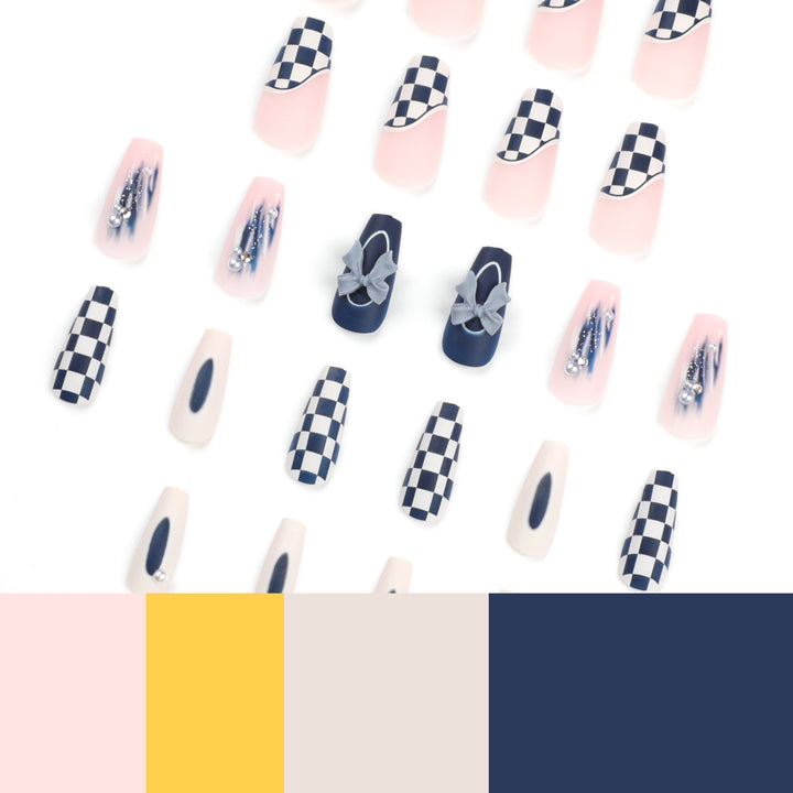 Artful nail decoration with bows and plaid pattern Stornfield