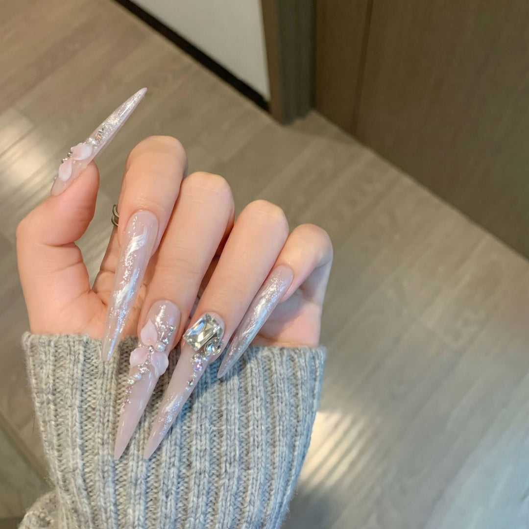 Artistic Decorative Stiletto Press-On Nail Set with Floral Accents Stornfield