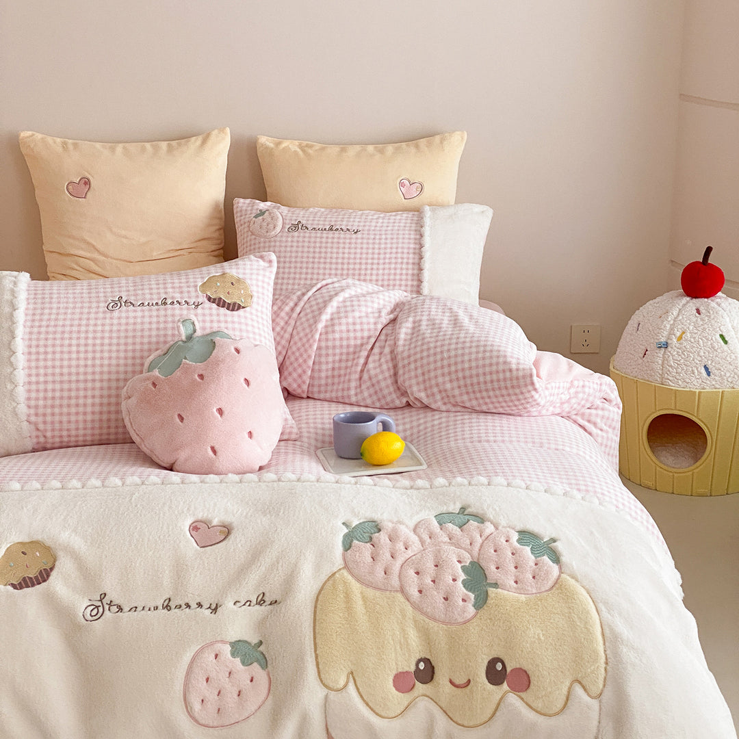 Reversible Plush Strawberry Embroidered Duvet Cover Set with Gingham Sheet & Pillow Shams