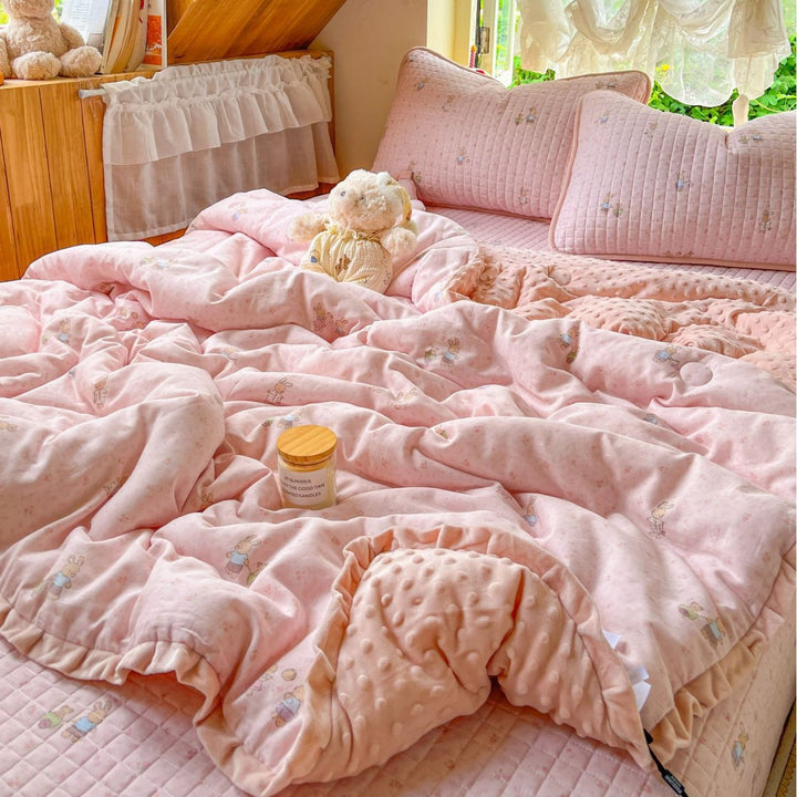 Children's Quilted Reversible Minky-Back Duvet Comforter Set with Ruffled Edge