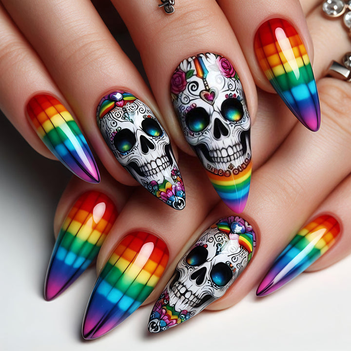 Creative artificial nails with skull design and rainbow colors Stornfield