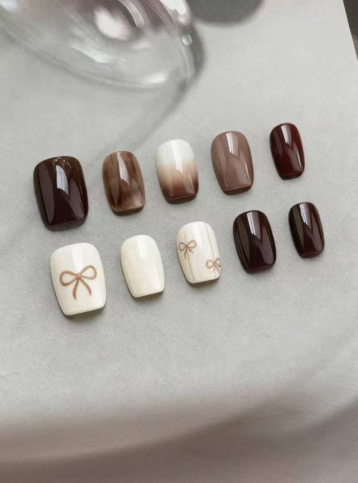 Stylish Glossy Press-On Nail Set with Bow Designs