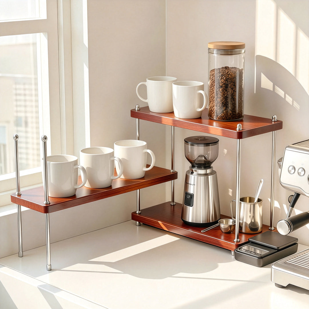 Countertop Three-Tier Coffee Station Organizer Shelf with Stainless Poles