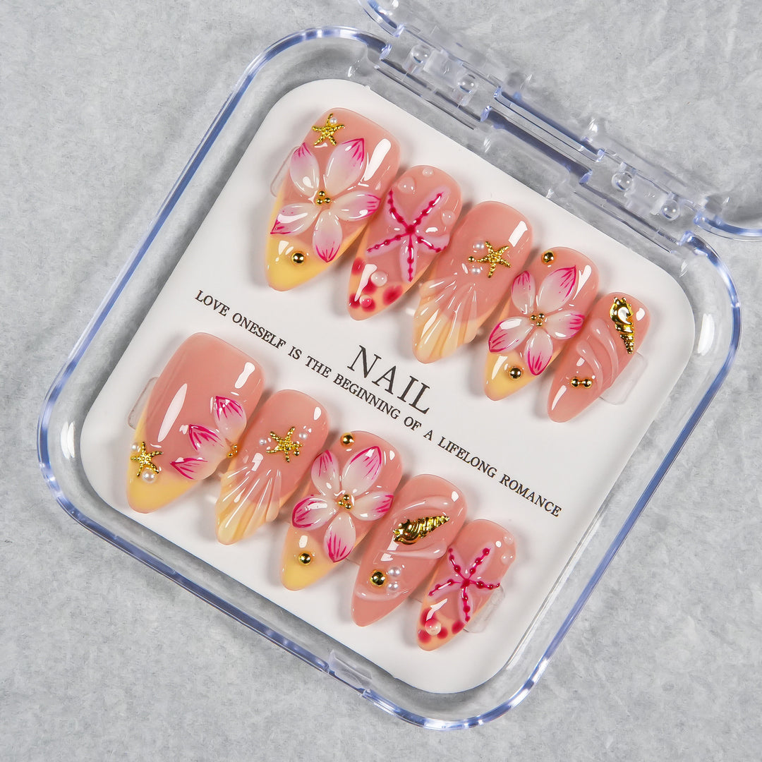 Decorative Press-On Nail Set with Floral and Beach Accents
