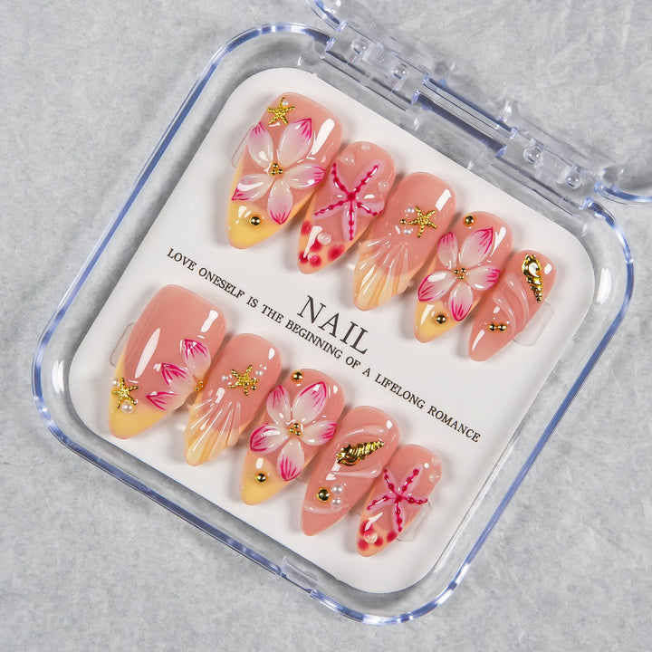 Decorative Press-On Nail Set with Floral and Beach Accents
