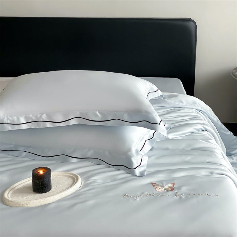 Elegant Satin Bedding Set with Fine Piping and Embroidered Butterfly