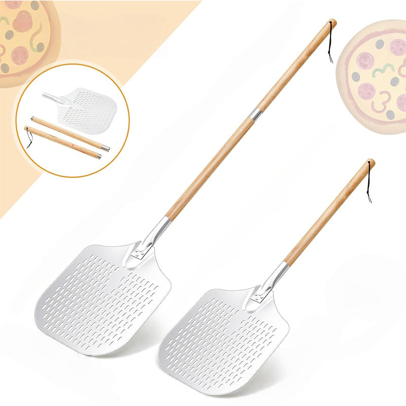 long-handled perforated pizza peel set with wooden handle stainless steel cutter and triangle server Stornfield
