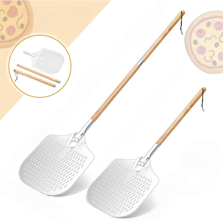 long-handled perforated pizza peel set with wooden handle stainless steel cutter and triangle server Stornfield