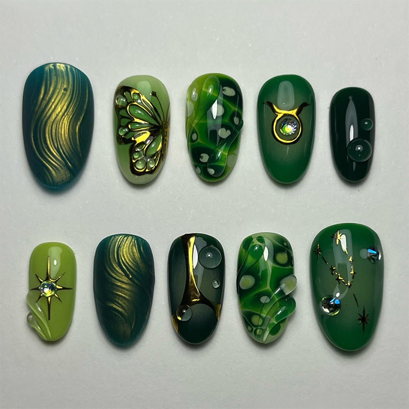 Artistic Press-On Nail Art Set with Emerald and Gold Designs Stornfield