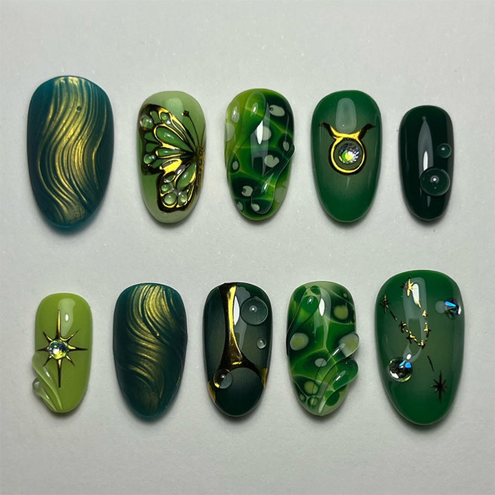 Artistic Press-On Nail Art Set with Emerald and Gold Designs Stornfield