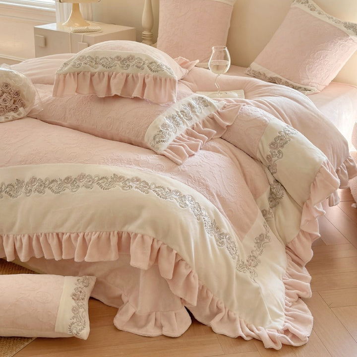 Quilted cotton duvet cover set with ruffle, embroidery border, and decorative quilted texture