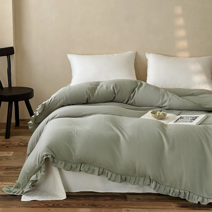 Washed Soft-Touch Ruffled-Hem Cotton-Linen Blend Duvet Cover Set with Hidden Corner Ties