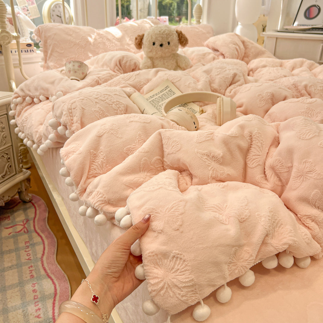 Plush Embossed Butterfly Duvet Cover Set with Pom-Pom Trim