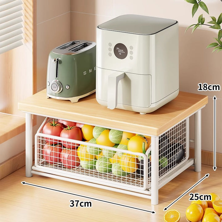 Countertop Bamboo-Top Metal Mesh Sliding Storage Shelf with Pull-Out Basket