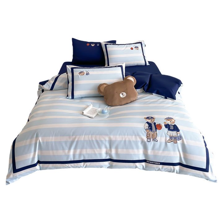 Striped Cotton-Sateen Duvet Cover Set with Embroidered Crest & Reversible Border